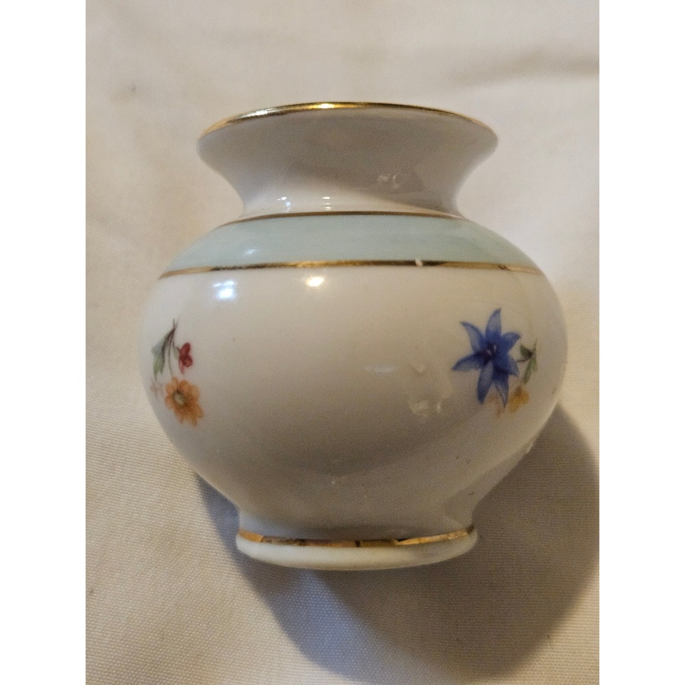 Vintage PM Import Porcelain Miniature Bud Vase Floral Gold Trim Blue Band 2in
